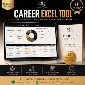 May include: A laptop displaying a career excel tool with a dashboard overview and application tracker. The image also shows a book titled "Career Excel Tool" and a gold badge that says "#1 Job Search Tracker". The text on the screen says "Stay Organized. Track Progress. Land Opportunities."