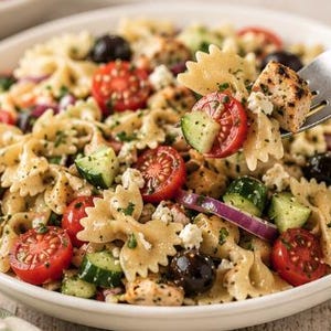 May include: A white bowl filled with pasta salad containing bow-tie pasta, halved cherry tomatoes, diced cucumbers, black olives, red onion slices, crumbled white cheese, and grilled chicken pieces, with a metal fork lifting a portion.
