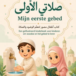 Op de afbeelding: Geïllustreerde kinderboekcover met Arabische en Nederlandse tekst. De afbeelding toont een jongen die zijn handen wast bij een fontein en een meisje dat een boek leest, met een moskee op de achtergrond. Het boek gaat over het leren van het gebed.