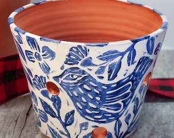 Handmade Terra Cotta Orchid Planter: Blue Bird Design, 6 Inch