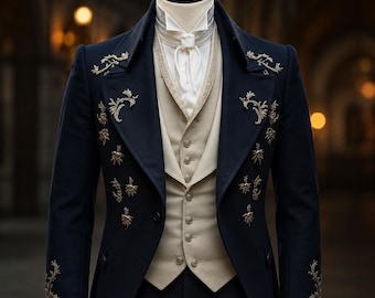 Terno masculino bordado com fraque, smoking azul-marinho para casamento, traje vitoriano para noivo, fraque gótico formal, traje de gala steampunk para casamento na Regência.