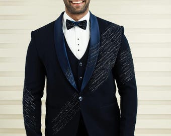 Luxury Navy Blue Tuxedo for Men, 3 Piece Wedding Suit, Groom Prom Dinner Jacket, Custom Tailored Formal Wear, Shawl Lapel Blazer Set