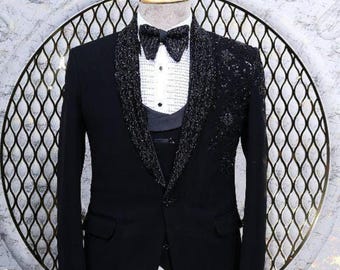 Luxury Black Glitter Tuxedo for Men – Handmade Wedding Blazer, Prom Dinner Suit, Groom Reception Outfit, Sparkly Shawl Lapel Jacket