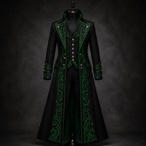 Men's Gothic Victorian Coat, Black Green Embroidered Tailcoat, Steampunk Long Jacket, Vampire Costume, Medieval Fantasy Wedding Coat