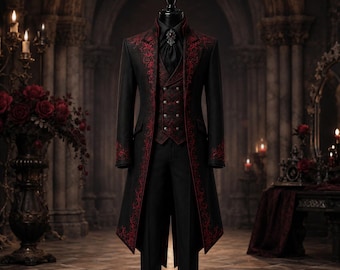 May include: A black tailcoat suit featuring intricate red embroidery along the lapels, cuffs, and hem. The ensemble includes a matching black waistcoat with double-breasted buttons, a black collared shirt, and black trousers, displayed on a mannequin.