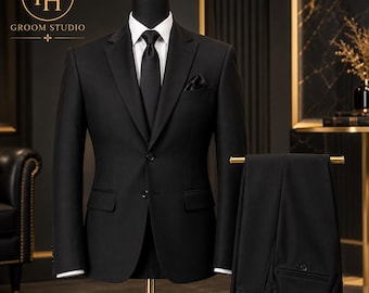 Men’s Black 2 Piece Suit, Custom Tailored Wedding Suit, Slim Fit Formal Suit, Men’s Black Business Suit