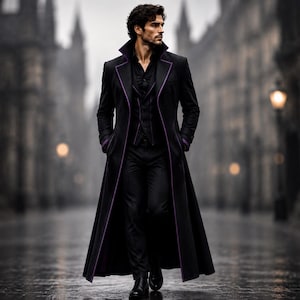 May include: A long black overcoat featuring a high collar and vibrant purple piping along the edges. The coat is worn over a black button-down shirt, a black waistcoat, and black trousers. The ensemble is completed with black dress shoes.