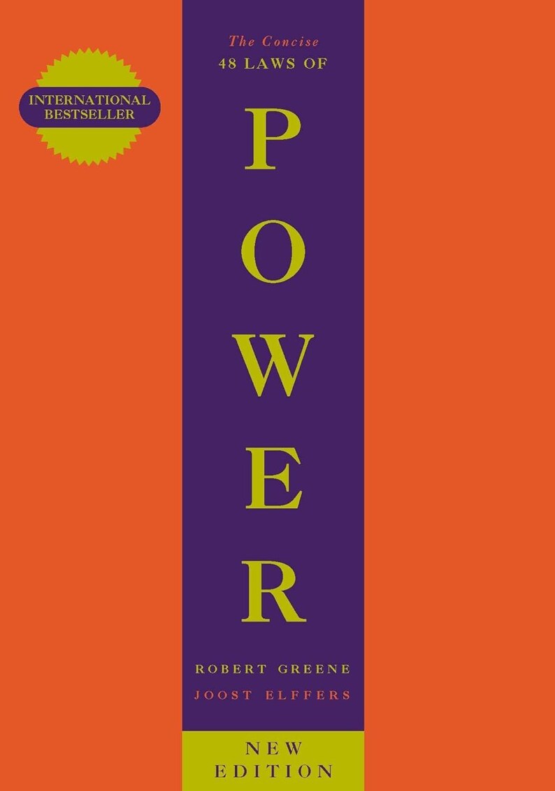 May include: A book cover with a bright orange background and a central vertical purple stripe. The text reads The Concise 48 LAWS OF POWER by Robert Greene and Joost Elffers. A yellow starburst badge in the top left corner says INTERNATIONAL BESTSELLER.