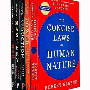 May include: A collection of five books by Robert Greene, including The Concise Laws of Human Nature, The Concise 48 Laws of Power, The Concise Art of Seduction, Mastery, and The Concise 33 Strategies of War, featuring red, orange, and black covers.