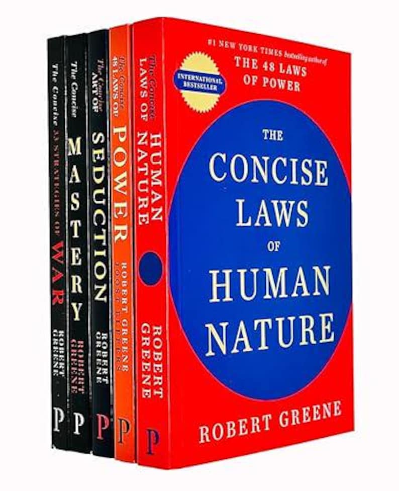May include: A collection of five books by Robert Greene, including The Concise Laws of Human Nature, The Concise 48 Laws of Power, The Concise Art of Seduction, Mastery, and The Concise 33 Strategies of War, featuring red, orange, and black covers.
