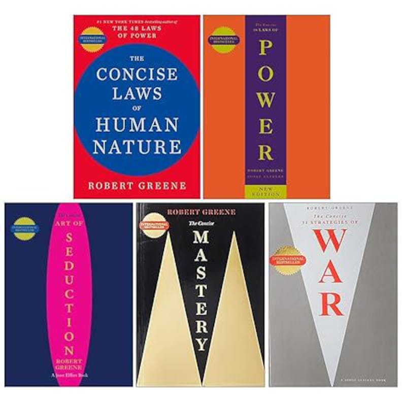 May include: A collection of five books by Robert Greene featuring The Concise Laws of Human Nature, The 48 Laws of Power, The Art of Seduction, Mastery, and The 33 Strategies of War. Each book cover displays distinct geometric designs and bold typography.