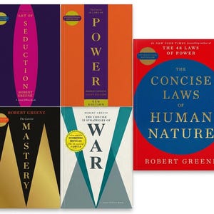 May include: A collection of five books by Robert Greene including The Concise Art of Seduction, The Concise 48 Laws of Power, The Concise Mastery, The Concise 33 Strategies of War, and The Concise Laws of Human Nature with colorful graphic covers.
