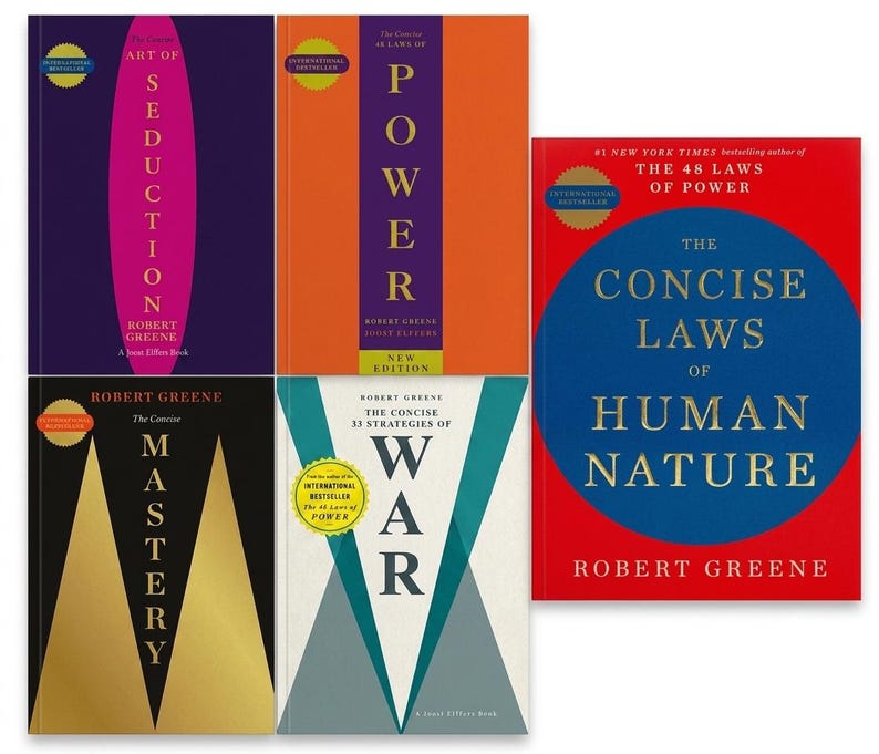 May include: A collection of five books by Robert Greene including The Concise Art of Seduction, The Concise 48 Laws of Power, The Concise Mastery, The Concise 33 Strategies of War, and The Concise Laws of Human Nature with colorful graphic covers.