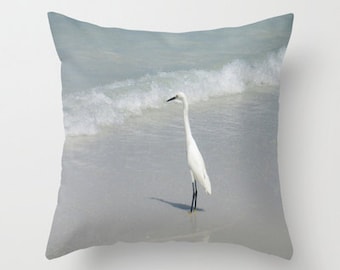 Egret on The Beach Throw Pillow Cover