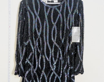 Vintage NWT Deadstock Stenay Plus Black Silk Tunic Oil Slick Beading 3X