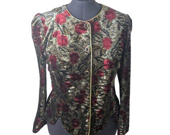 Vintage Y2K R&K Evening Floral Red  Gold Velvet Tapestry Jacket Size 16