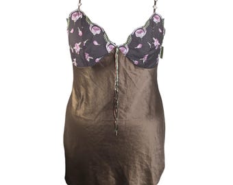 Y2K Fairy babydoll cami doorschijnende cups bruin satijnen slip met bloemenborduurwerk L-2X