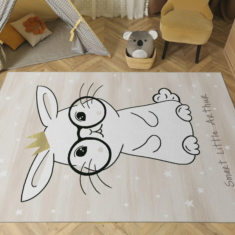 Smart Bunny Nursery Rug, Personalized Name Carpet for Kids, Glasses ...