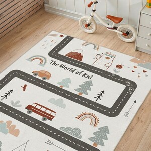 The World of Custom Road Map Rug, Personalized Adventure Nursery Carpet, Boho Mountain & Trees Playmat, Kids Car Rug, Baby Shower Gift Boy
