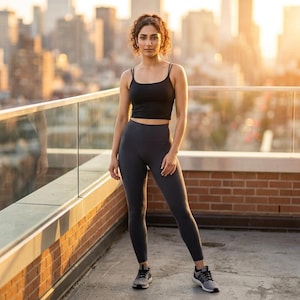 May include: A woman wearing a black crop top and dark gray leggings stands on a rooftop. She is wearing gray athletic shoes. The background features a cityscape with a warm, golden sunset.