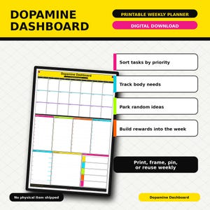 May include: A printable weekly planner titled Dopamine Dashboard with a grid layout. The design features sections to sort tasks by priority, track body needs, park random ideas, and build rewards into the week. It includes a yellow header and colorful accents.