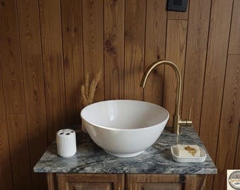 Breite Schüssel Keramik Waschbecken — Handgefertigtes weißes Becken, marokkanische Keramik Waschbecken, Arbeitsplatte Waschbecken für Badezimmer Eitelkeit, kostenloser Messingablauf