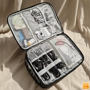 Pode incluir: Organizador de viagem preto aberto com vários compartimentos. Contém vários acessórios eletrónicos, incluindo cabos brancos e pretos, auscultadores e dispositivos de carregamento. O interior apresenta bolsos de malha e correias elásticas.