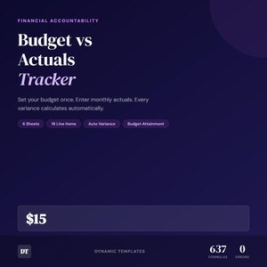 May include: A digital graphic with the text "Budget vs Actuals Tracker" and the words "Financial Accountability" at the top. The image includes the text "Set your budget once. Enter monthly actuals. Every variance calculates automatically." and the price "$15".