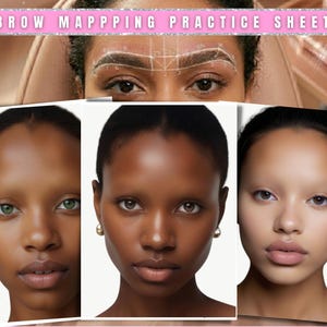 Op de afbeelding: Een roze banner met de tekst "BROW MAPPING PRACTICE SHEET". De afbeelding toont drie gezichten met verschillende huidtinten en oogkleuren, en een close-up van een gezicht met wenkbrauwmappinglijnen.