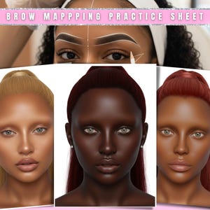 Op de afbeelding: De afbeelding toont een oefenvel voor wenkbrauwmapping met de tekst "BROW MAPPING PRACTICE SHEET" in een roze banner. Het bevat ook drie digitale weergaven van gezichten met verschillende huidtinten en haarkleuren, die wenkbrauwvormen laten zien.