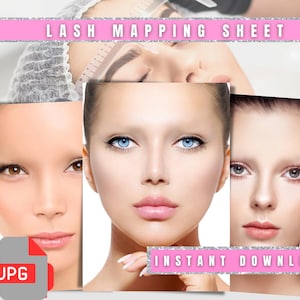 Op de afbeelding: De afbeelding toont drie gezichten van vrouwen met verschillende oogkleuren en make-up. Roze banners tonen de tekst "LASH MAPPING SHEET" en "INSTANT DOWNLOAD". Een JPG-bestandspictogram staat in de linker benedenhoek. De afbeelding is waarschijnlijk voor schoonheids- of cosmetische diensten.