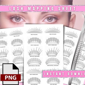 May include: A pink and silver graphic with the text "LASH MAPPING SHEET" and "INSTANT DOWNLOAD". The image features a close-up of eyes, lash mapping guides, a PNG file icon, and a pair of silver tweezers.