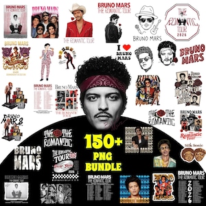 Può includere: Una raccolta di grafiche e design a tema Bruno Mars. L'immagine include vari loghi, poster del tour e illustrazioni del cantante. È visibile anche il testo "150+ PNG BUNDLE", che suggerisce un prodotto digitale.