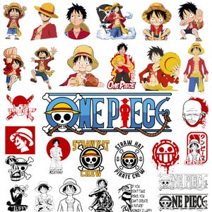 May include: A selection of illustrations and logos from the anime series One Piece. The images showcase the character Luffy in different poses, wearing his straw hat and red shirt. Logos include the Straw Hat Pirates emblem and the words "ONE PIECE".