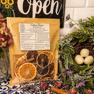 May include: A brown paper bag labeled "Citrus Grove Simmer Pot" with dried orange slices and cinnamon sticks. The bag is in front of a decorative nest with eggs and a sign that says "Open".