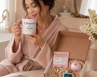 Personalized Gift Box for Her, Self Care Spa Gift Set, Custom Mug, Candle, Tea, Bath Bomb, Birthday Care Package