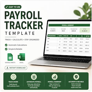 Peut inclure: Un ordinateur portable affiche un modèle de suivi de la paie avec le texte "Payroll Tracker Template". L'écran affiche les heures des employés, le salaire total, les déductions et le salaire net. Le modèle comprend des calculs automatiques et est simple et fiable.
