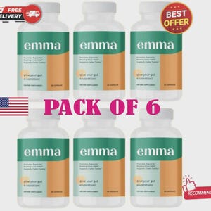 May include: Six white supplement bottles labeled "emma" with green and orange accents. The bottles have a white cap and contain capsules. Text on the bottles reads "give your gut a vacation!" and "Dietary Supplement". The image includes a US flag and the text "PACK OF 6".