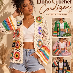 Könnte beinhalten: Eine cremefarbene Häkelstrickjacke mit bunten Granny-Square-Motiven und gestreiften Glockenärmeln. Der Text auf dem Bild lautet Boho Crochet Cardigan, 6 Colors, Sizes S-2XL, Green, Lotus Pink und Black.