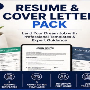 Op de afbeelding: Afbeelding van een cv- en sollicitatiebriefpakket met de tekst "RESUME & COVER LETTER PACK". De afbeelding bevat cv-sjablonen, sollicitatiebriefsjablonen, een gids voor sollicitatiegesprekken en een vacaturetracker.