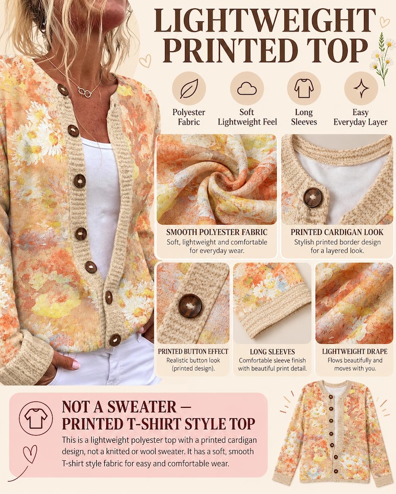 Lightweight Floral Cardigan-style Top, Cottagecore Print, Long Sleeve ...