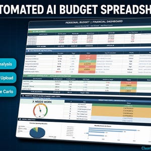 May include: A digital display of an automated AI budget spreadsheet. The screen shows financial data, charts, and graphs. The text "AUTOMATED AI BUDGET SPREADSHEET" is at the top. Buttons on the left read "AI Analysis", "Bank Upload", and "Monte Carlo".