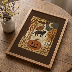 Spooky Cute Halloween Decor, Cozy Fall Artwork for Kids Playroom, Folk Art Halloween  Poster, Storybook Illustration Autumn Scene Art Print