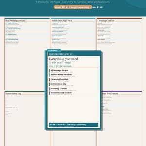 May include: A teal and white Complete Host Starter Kit, including message scripts, house rules, a cleaning checklist, and more. The kit is designed to help run a rental professionally. The text on the kit says "Everything you need to run your rental like a professional."