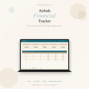 Può includere: Uno schermo di un laptop mostra un modello Excel di Airbnb Financial Tracker. Lo schermo mostra dati finanziari, inclusi percentuali e importi in dollari. Il testo sullo schermo recita "Dashboard" e "Tax Year 2020". L'immagine include anche il testo "5 KPIs", "Tax Prep" e "Works with Excel".