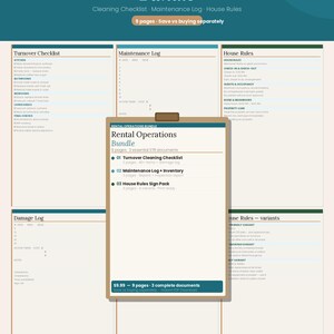 May include: A teal and white digital download bundle titled "Rental Operations Bundle" with checklists, logs, and house rules. The bundle includes a turnover checklist, maintenance log, and house rules sign pack. The text "Instant Download" is visible.