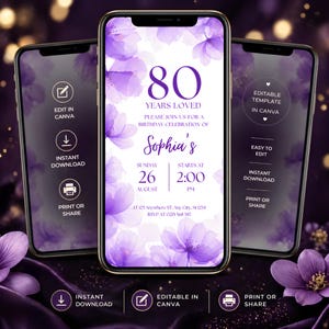 May include: Three smartphones displaying a purple floral 80th birthday invitation. The invitation reads "80 Years Loved" and includes event details. Icons for editing in Canva, instant download, and print or share are visible.