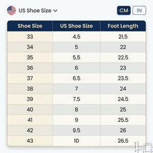 May include: A shoe size conversion chart with the text "US Shoe Size" and a US flag icon. The chart displays shoe sizes from 33 to 43, corresponding US sizes from 4.5 to 10, and foot lengths from 21.5 to 26.5 cm.
