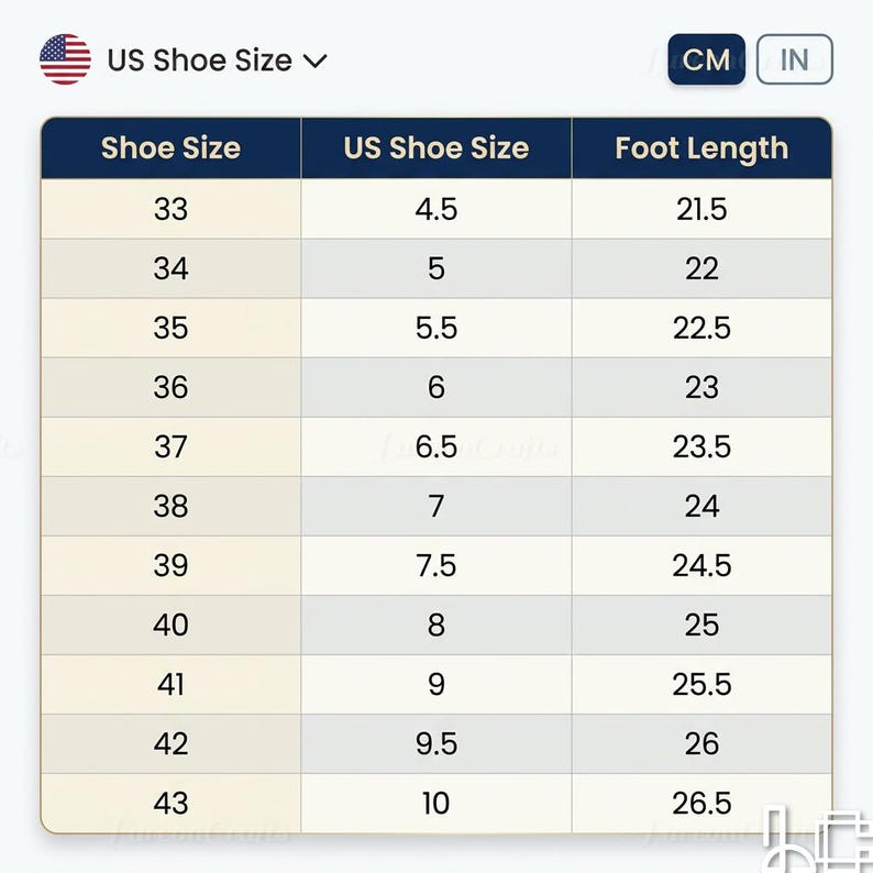 May include: A shoe size conversion chart with the text "US Shoe Size" and a US flag icon. The chart displays shoe sizes from 33 to 43, corresponding US sizes from 4.5 to 10, and foot lengths from 21.5 to 26.5 cm.