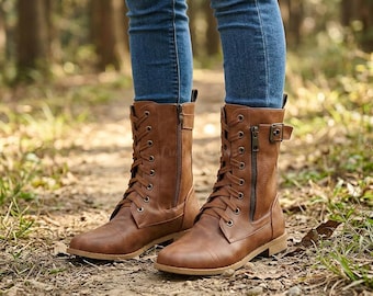Women's Square Heels Lace Up Elastic Ankle Leather Short Work Boots Soft Comfortable Shoes